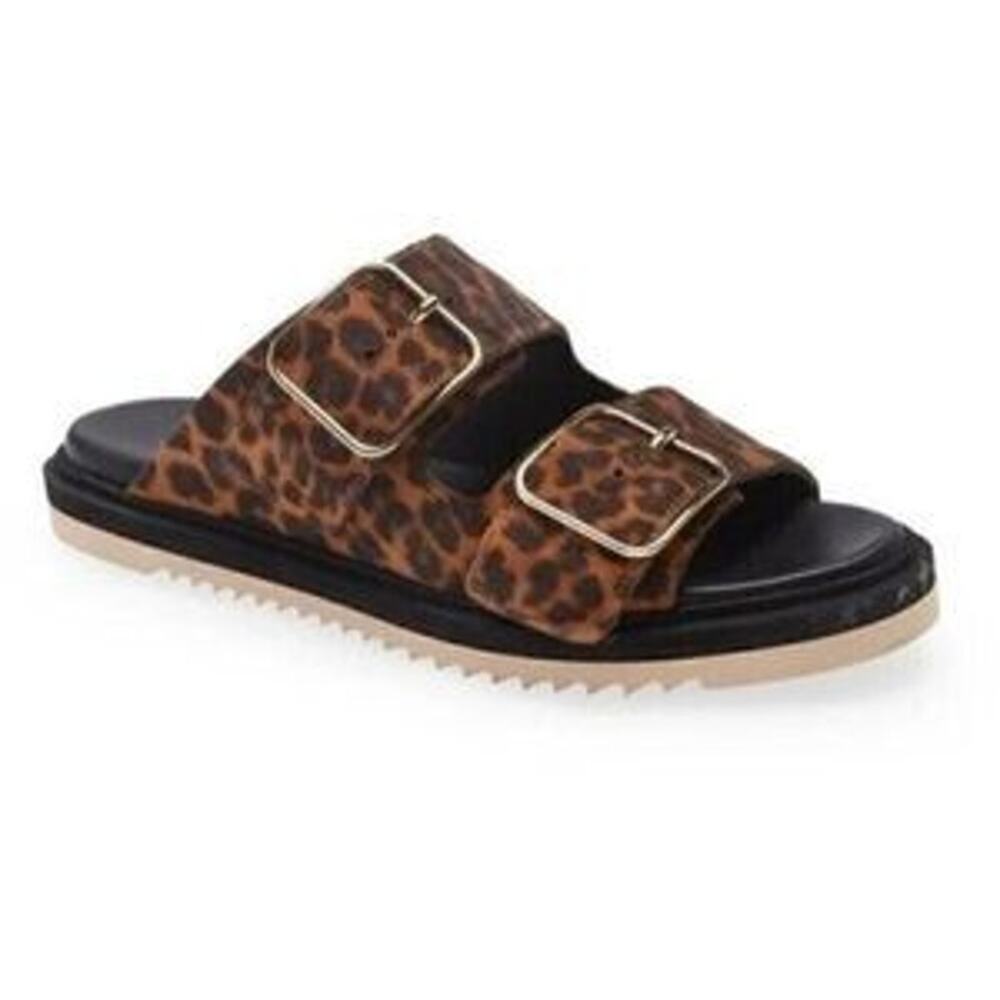 AGL Sabina Leopard Print Double Buckle Slides Leather Slide Sandals Italy sz 40